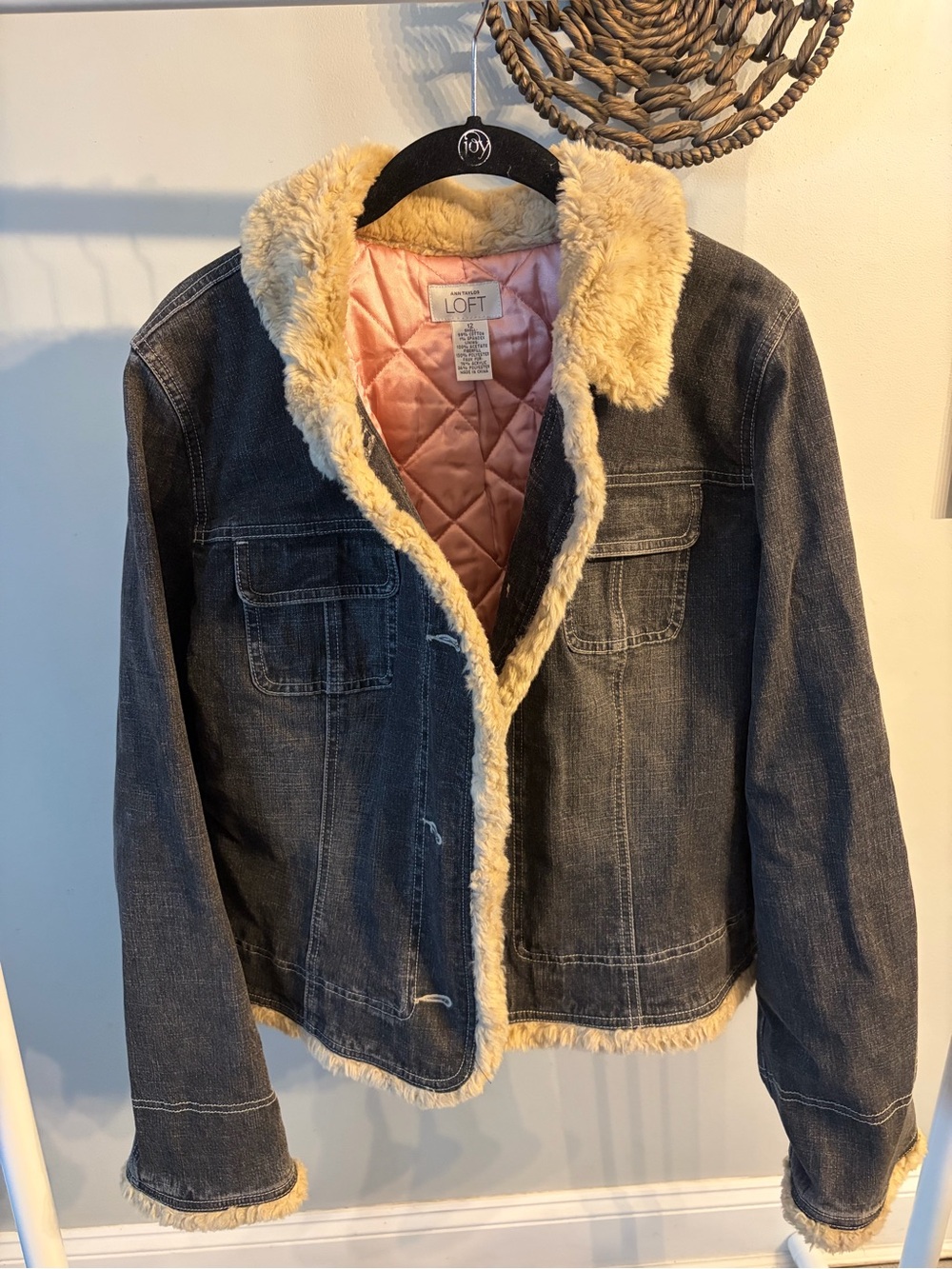 LOFT black Denim Jean Jacket with Cream Faux Fur and Pink Quilted Lining size 12